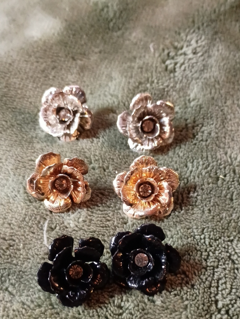 Set of Floral Stud Earrings in Gold, Silver & Black
